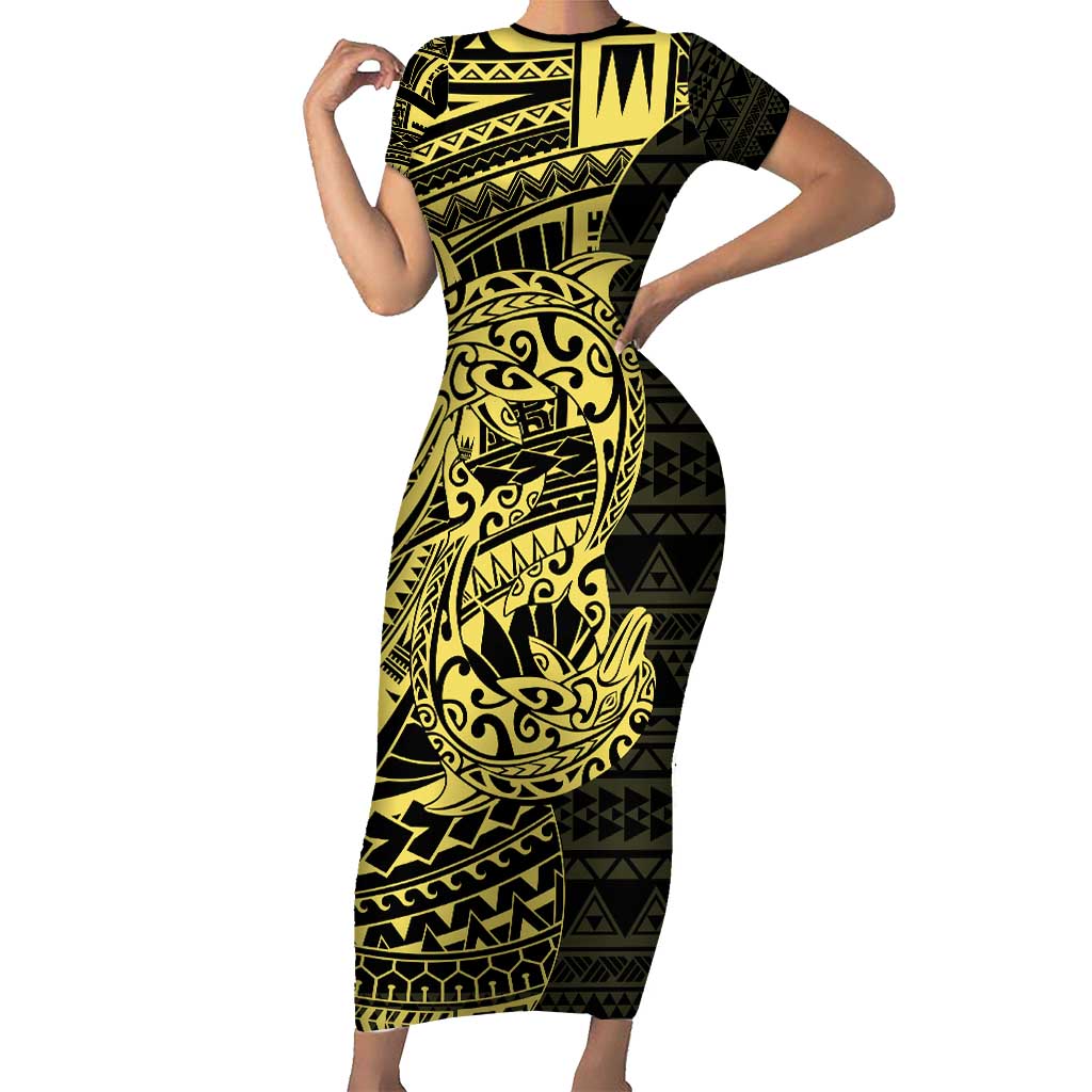 Yellow Couple Dolphins Maori Polynesian Style Family Matching Short Sleeve Bodycon Dress and Hawaiian Shirt LT9 Mom's Dress Yellow - Polynesian Pride