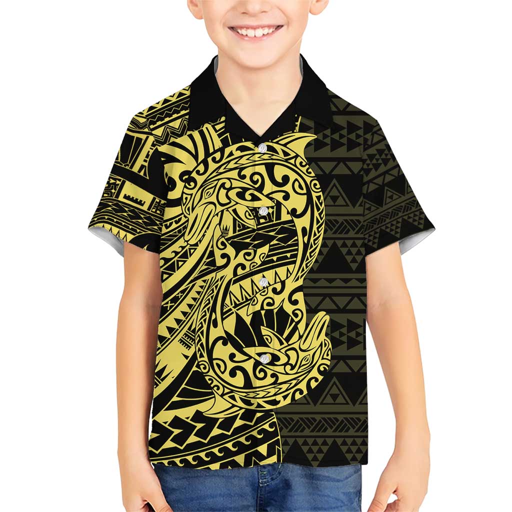 Yellow Couple Dolphins Maori Polynesian Style Family Matching Short Sleeve Bodycon Dress and Hawaiian Shirt LT9 Son's Shirt Yellow - Polynesian Pride