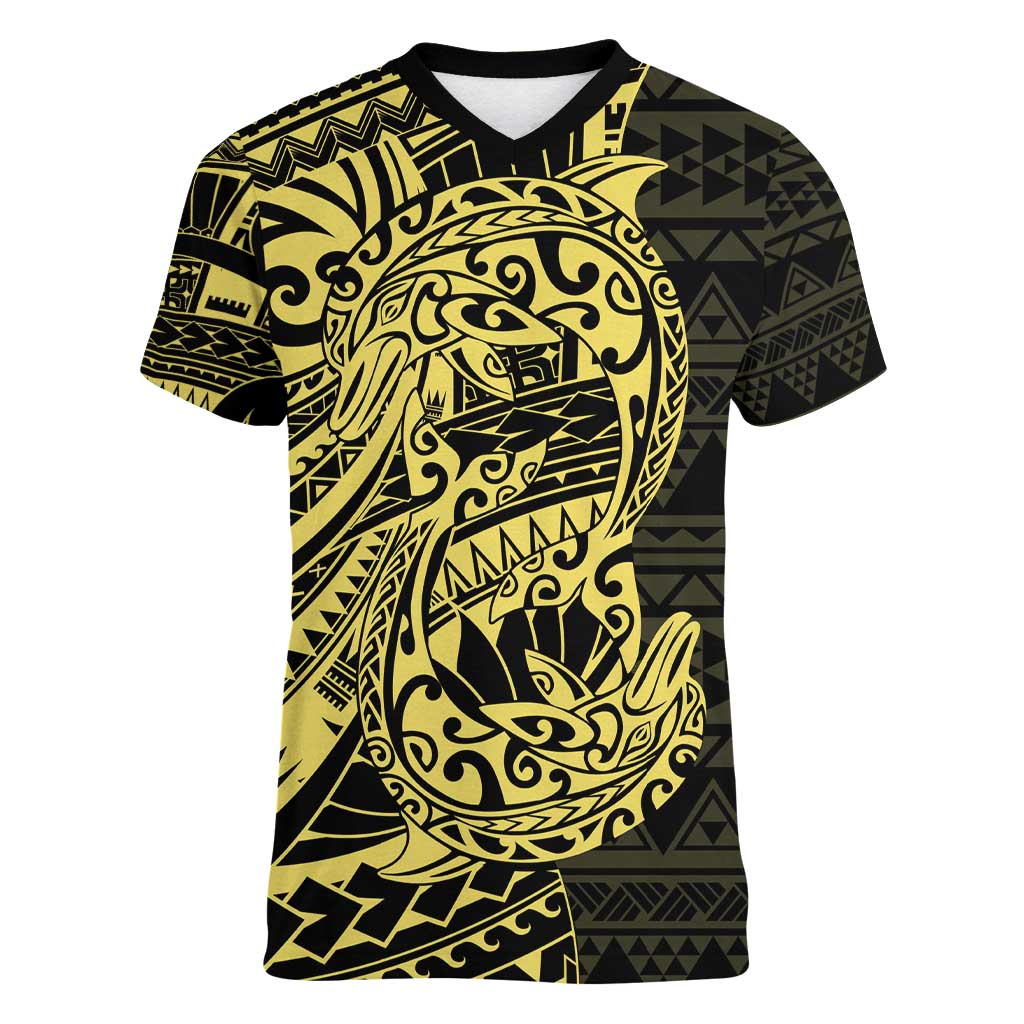 Yellow Couple Dolphins Maori Polynesian Style Women V-Neck T-Shirt LT9 Female Yellow - Polynesian Pride