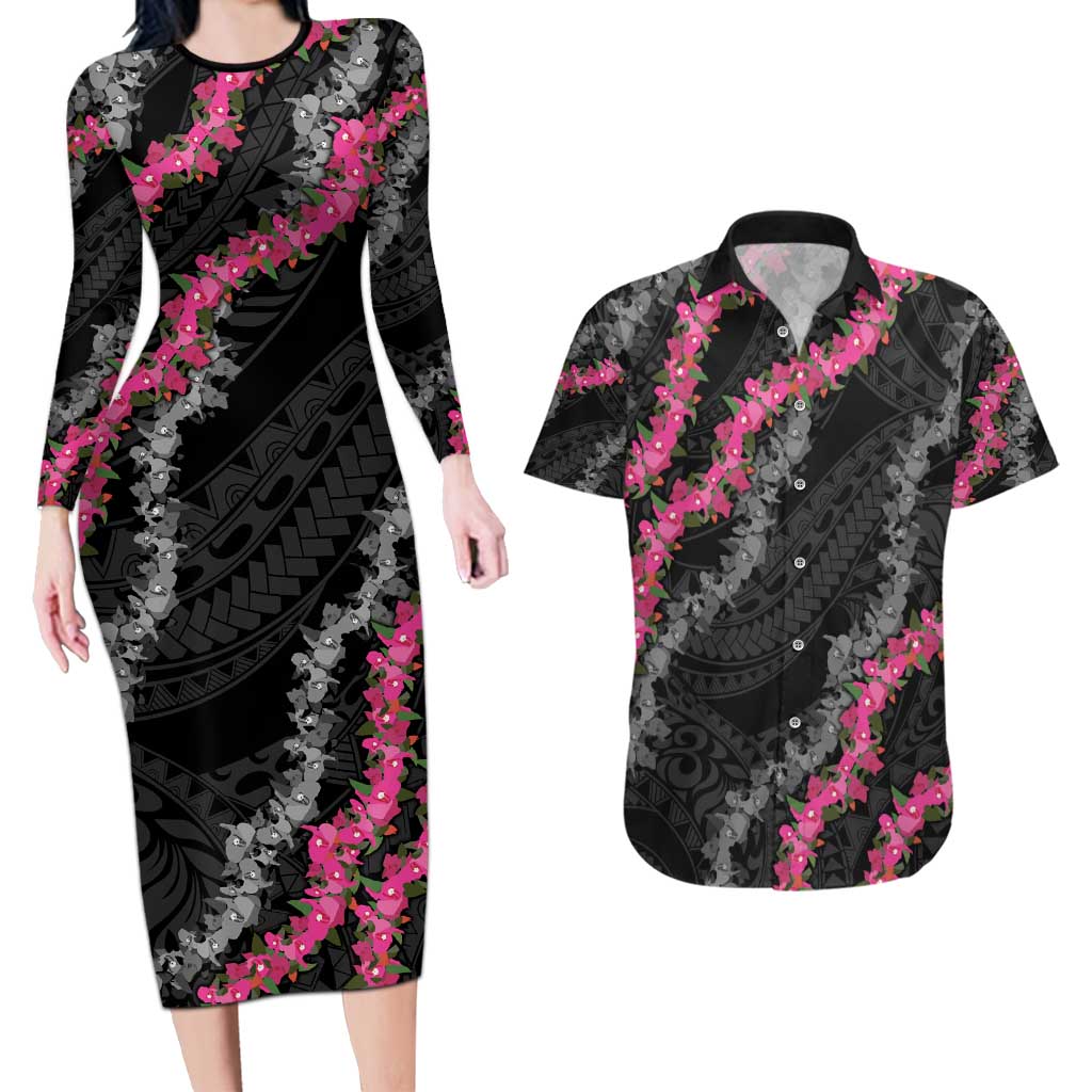 Guam Bougainvillea Lei Couples Matching Long Sleeve Bodycon Dress and Hawaiian Shirt Chamorro Tribal Pattern LT9 Black - Polynesian Pride