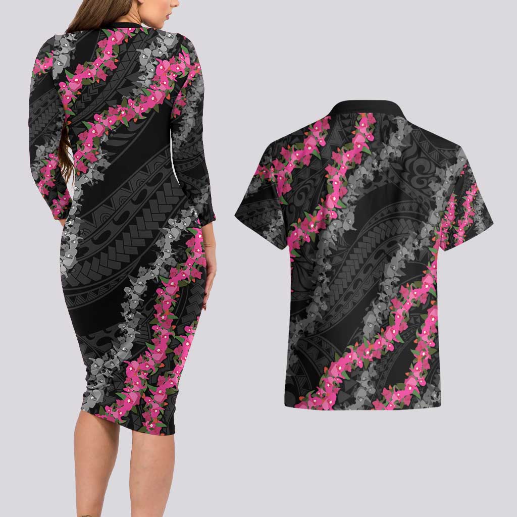Guam Bougainvillea Lei Couples Matching Long Sleeve Bodycon Dress and Hawaiian Shirt Chamorro Tribal Pattern LT9 - Polynesian Pride