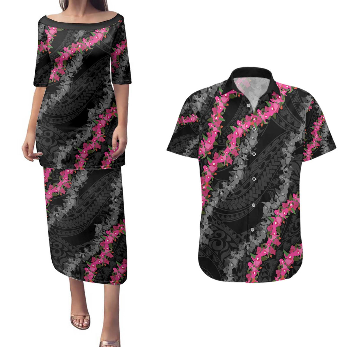 Guam Bougainvillea Lei Couples Matching Puletasi and Hawaiian Shirt Chamorro Tribal Pattern