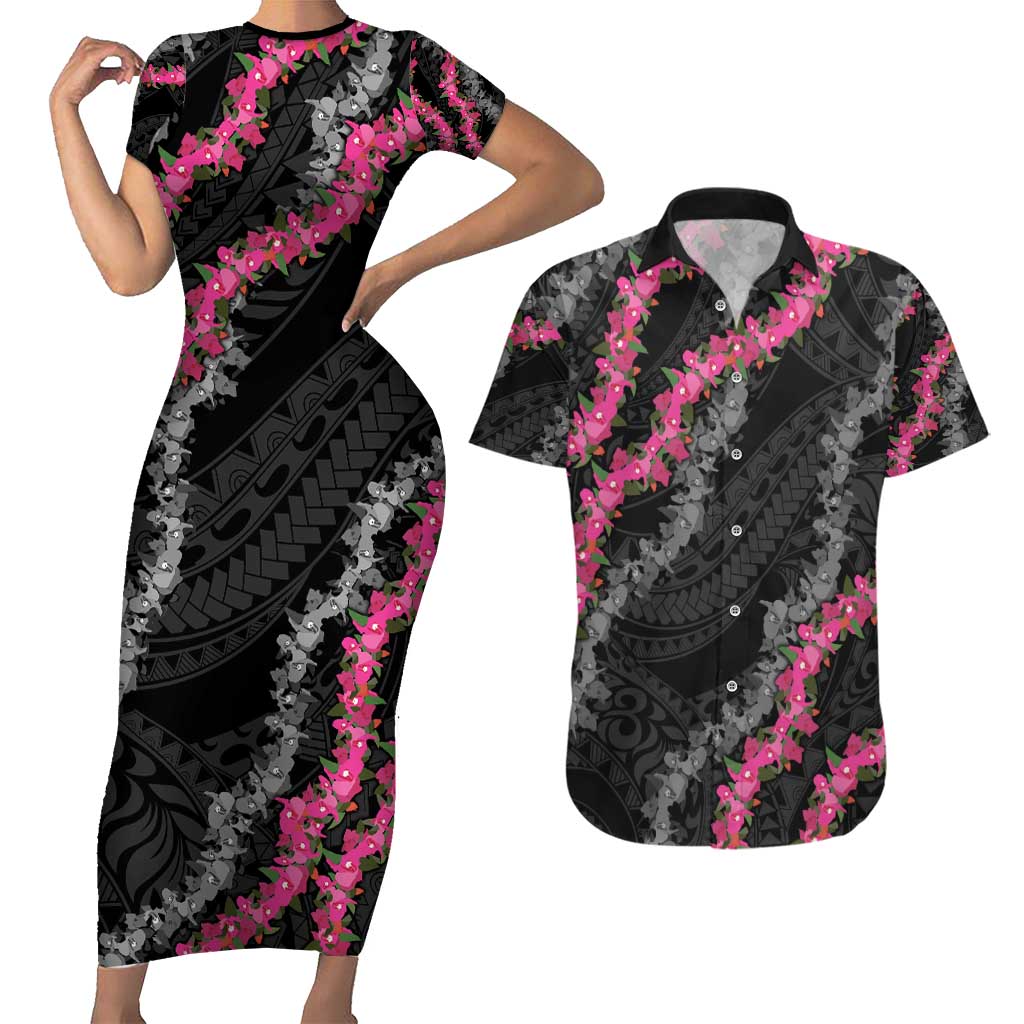 Guam Bougainvillea Lei Couples Matching Short Sleeve Bodycon Dress and Hawaiian Shirt Chamorro Tribal Pattern LT9 Black - Polynesian Pride