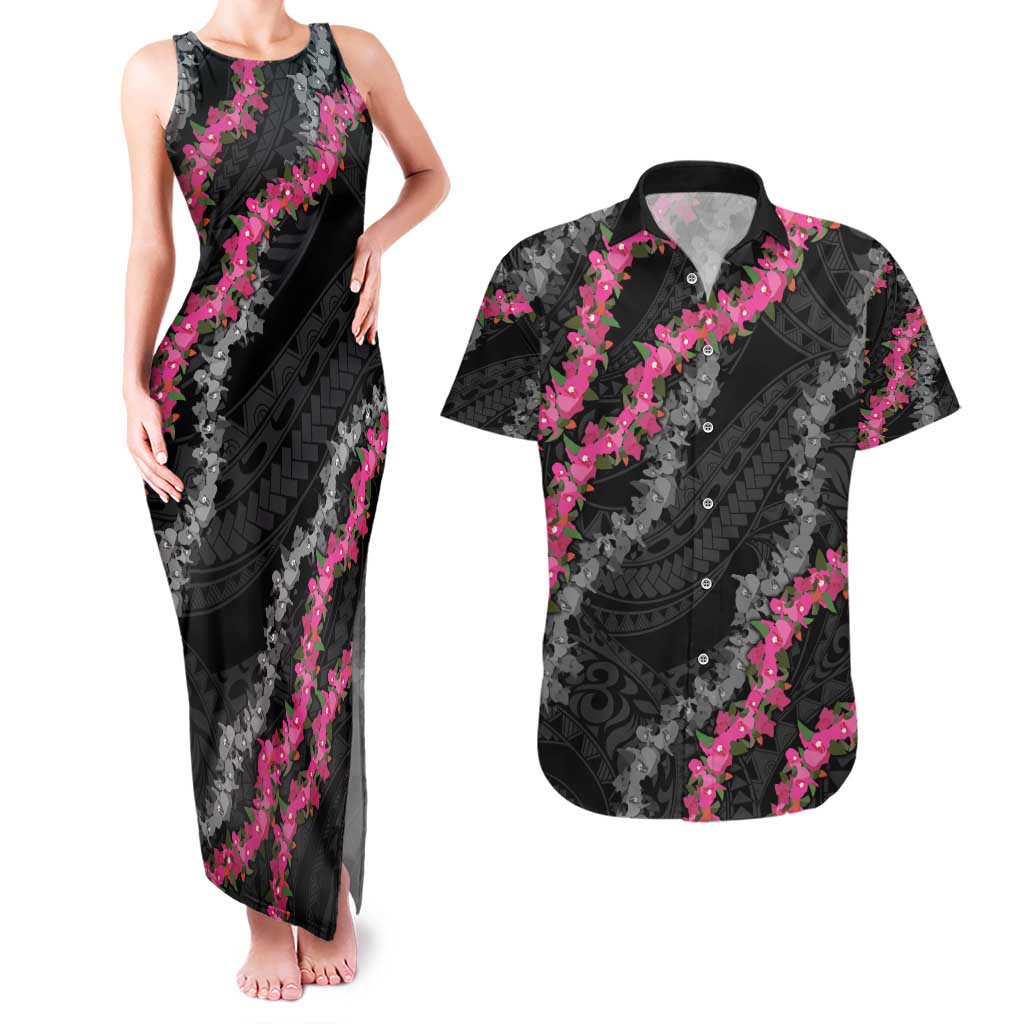 Guam Bougainvillea Lei Couples Matching Tank Maxi Dress and Hawaiian Shirt Chamorro Tribal Pattern LT9 Black - Polynesian Pride