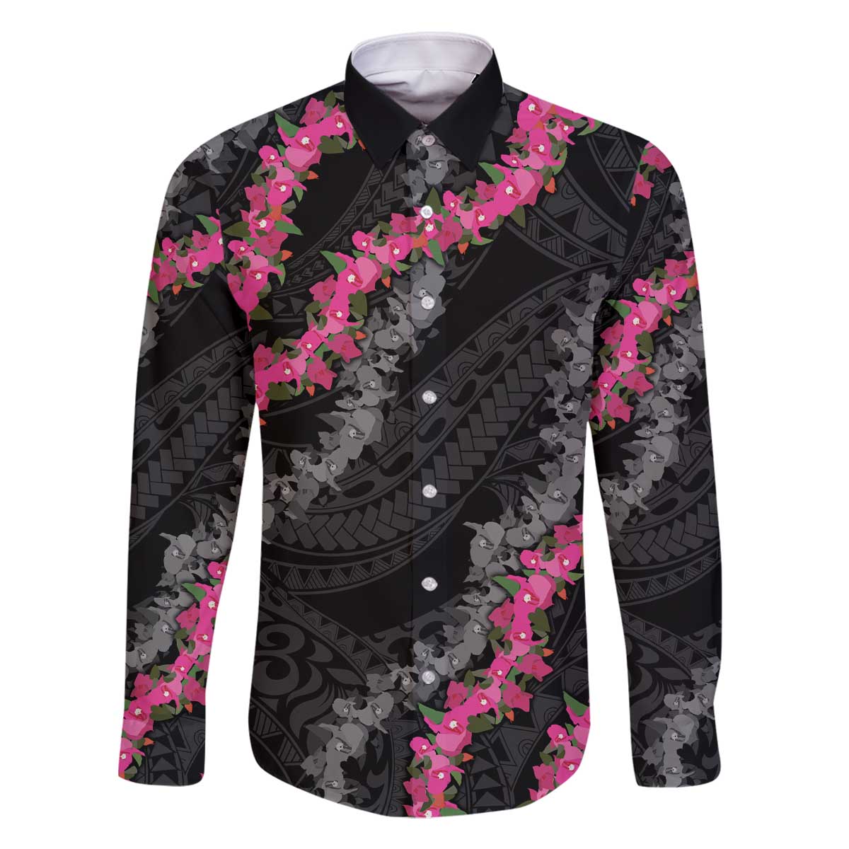 Guam Bougainvillea Lei Family Matching Off The Shoulder Long Sleeve Dress and Hawaiian Shirt Chamorro Tribal Pattern