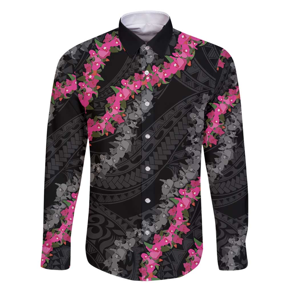 Guam Bougainvillea Lei Family Matching Puletasi and Hawaiian Shirt Chamorro Tribal Pattern LT9 Dad's Shirt - Long Sleeve Black - Polynesian Pride