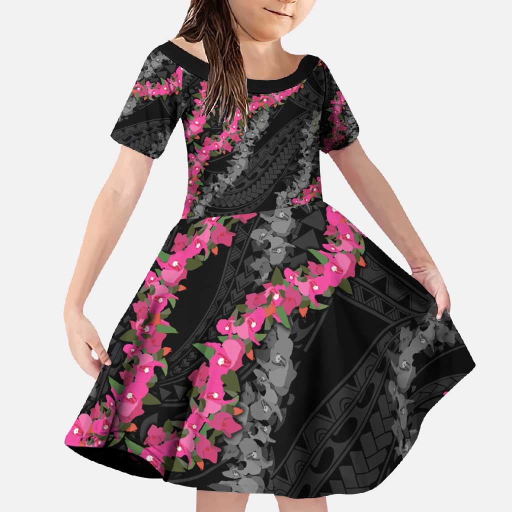 Guam Bougainvillea Lei Family Matching Summer Maxi Dress and Hawaiian Shirt Chamorro Tribal Pattern LT9 Daughter's Dress Black - Polynesian Pride