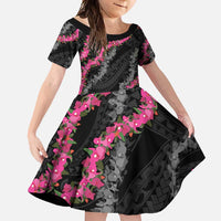 Guam Bougainvillea Lei Family Matching Tank Maxi Dress and Hawaiian Shirt Chamorro Tribal Pattern LT9 Daughter's Dress Black - Polynesian Pride