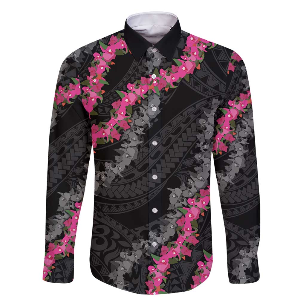 Guam Bougainvillea Lei Family Matching Tank Maxi Dress and Hawaiian Shirt Chamorro Tribal Pattern LT9 Dad's Shirt - Long Sleeve Black - Polynesian Pride