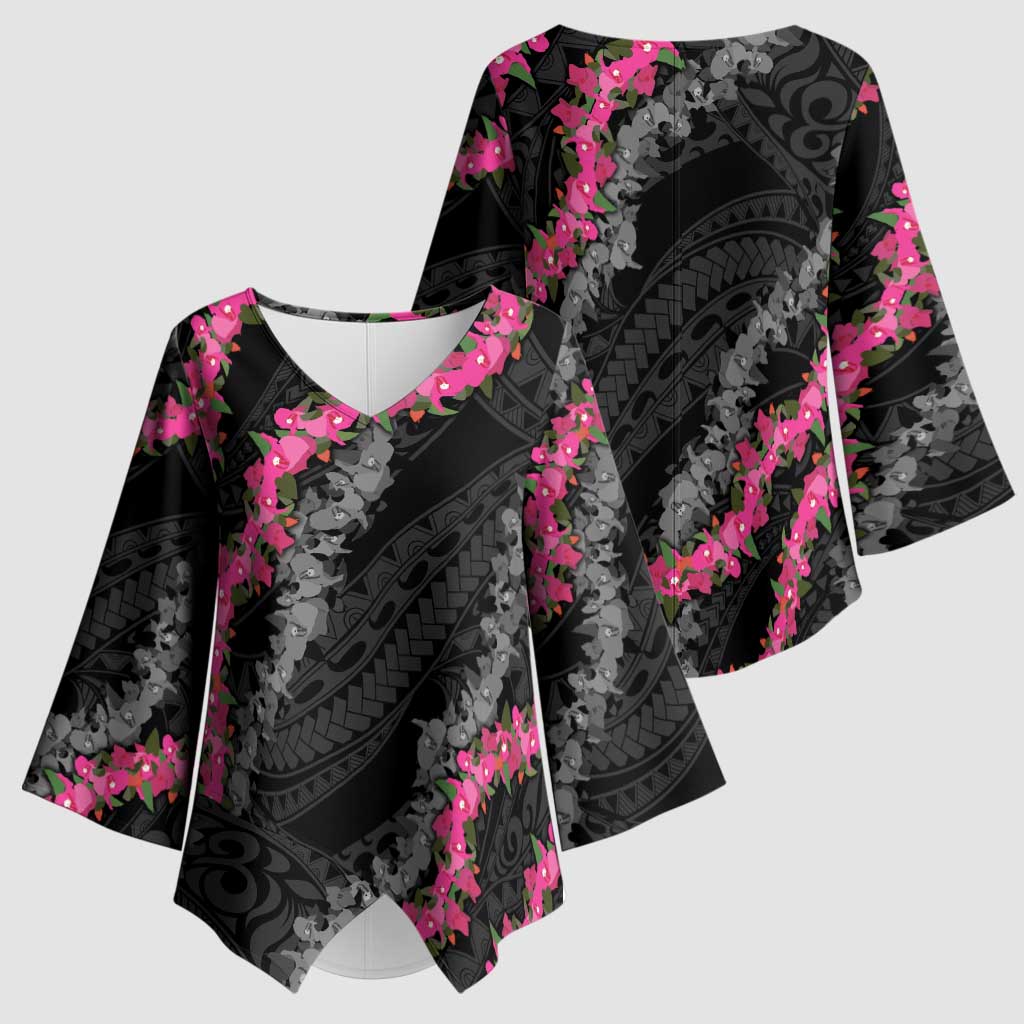 Guam Bougainvillea Lei Kimono Sleeve Blouse Chamorro Tribal Pattern - Polynesian Pride