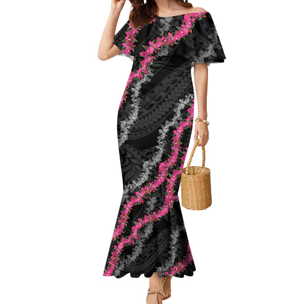 Guam Bougainvillea Lei Mermaid Dress Chamorro Tribal Pattern