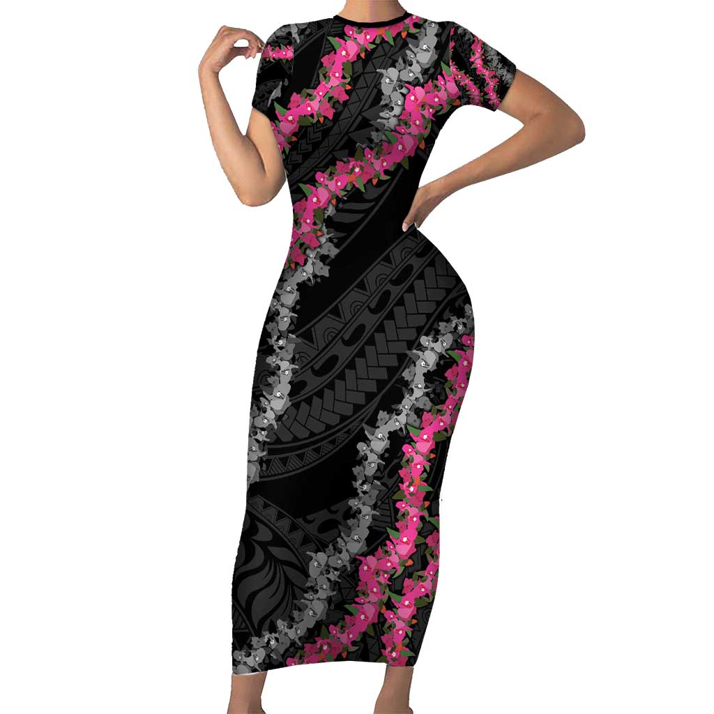 Guam Bougainvillea Lei Short Sleeve Bodycon Dress Chamorro Tribal Pattern