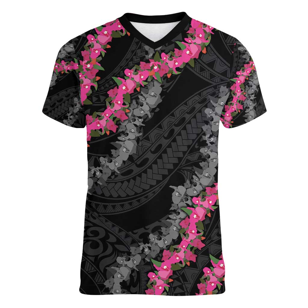 Guam Bougainvillea Lei Women V-Neck T-Shirt Chamorro Tribal Pattern