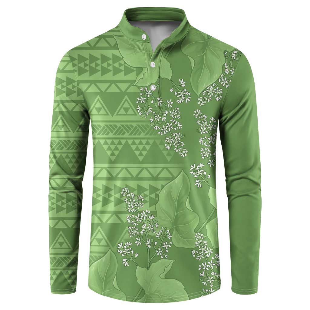 Hawaii Molokai Island Kukui Nut Flowers Button Sweatshirt Tribal Kakau Pattern LT9 Green - Polynesian Pride