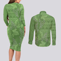 Hawaii Molokai Island Kukui Nut Flowers Couples Matching Long Sleeve Bodycon Dress and Long Sleeve Button Shirt Tribal Kakau Pattern LT9 - Polynesian Pride