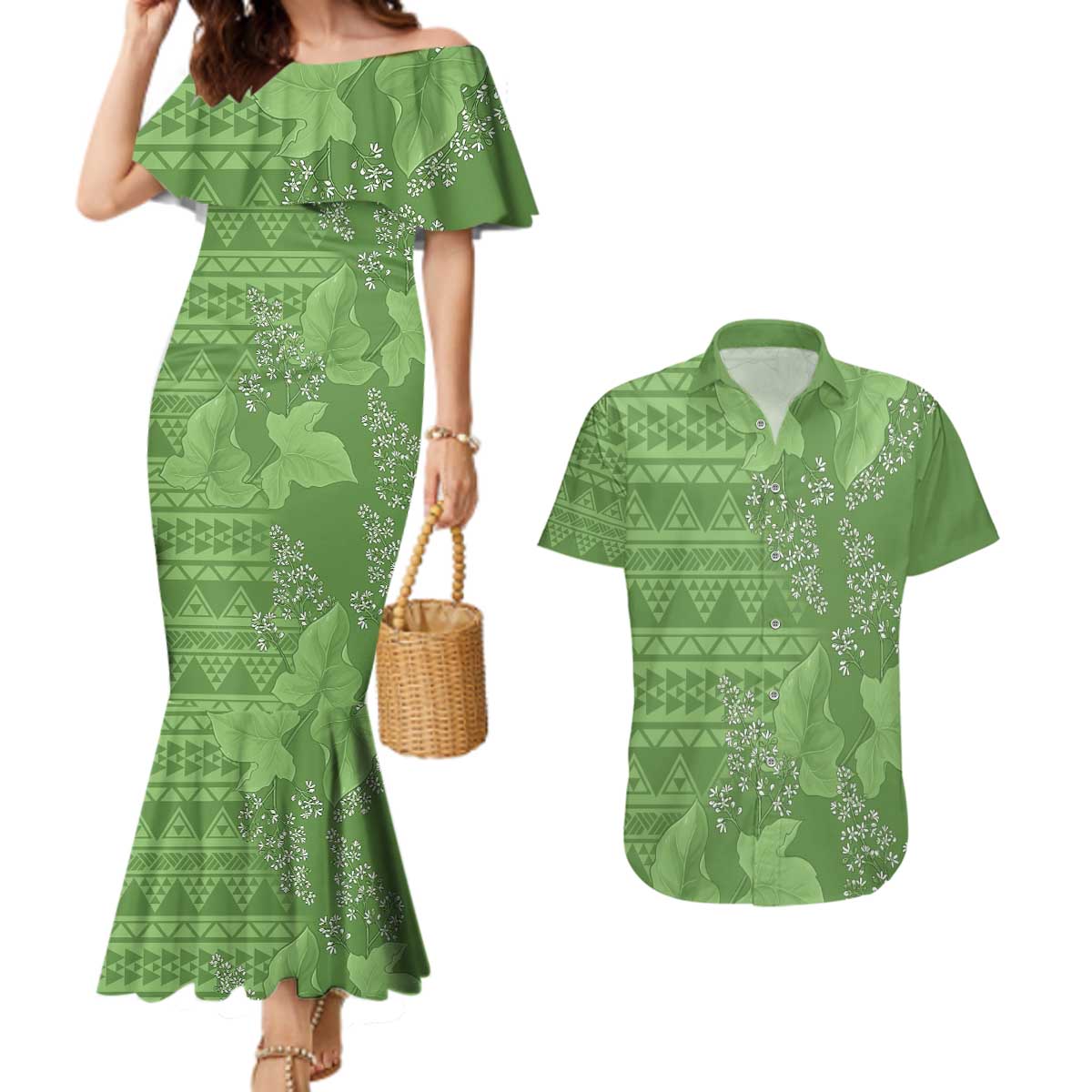 Hawaii Molokai Island Kukui Nut Flowers Couples Matching Mermaid Dress and Hawaiian Shirt Tribal Kakau Pattern