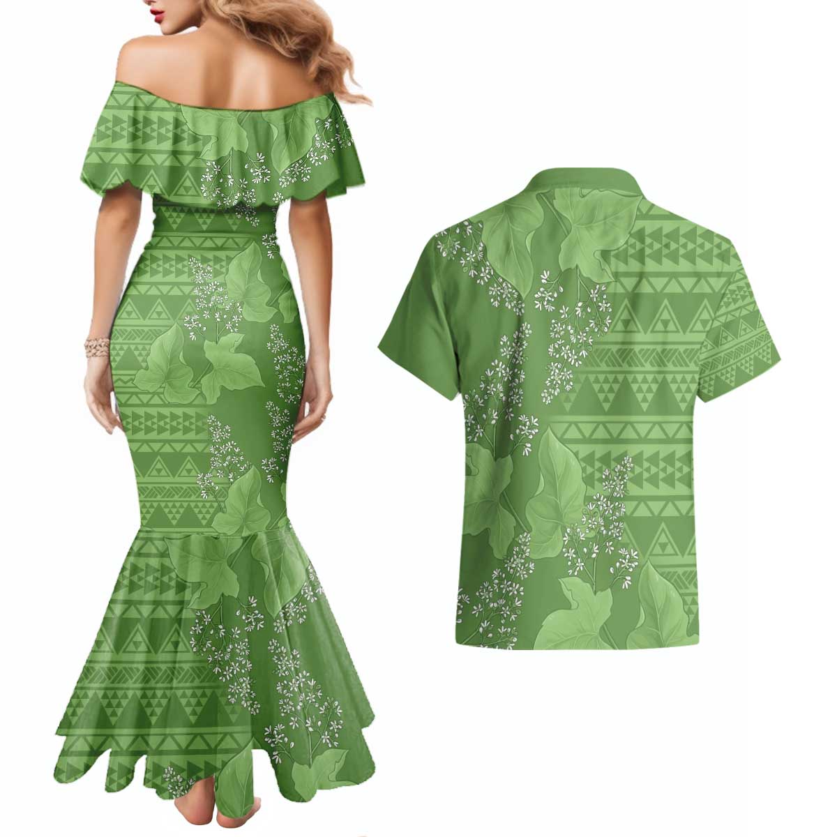 Hawaii Molokai Island Kukui Nut Flowers Couples Matching Mermaid Dress and Hawaiian Shirt Tribal Kakau Pattern