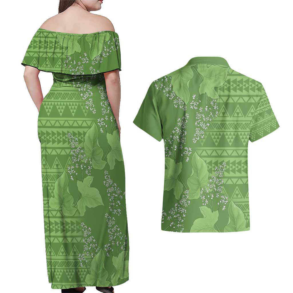 Hawaii Molokai Island Kukui Nut Flowers Couples Matching Off Shoulder Maxi Dress and Hawaiian Shirt Tribal Kakau Pattern LT9 - Polynesian Pride