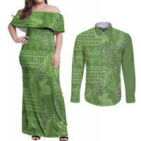 Hawaii Molokai Island Kukui Nut Flowers Couples Matching Off Shoulder Maxi Dress and Long Sleeve Button Shirt Tribal Kakau Pattern LT9 Green - Polynesian Pride