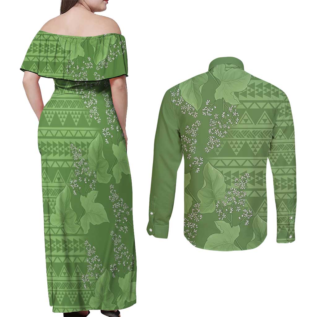 Hawaii Molokai Island Kukui Nut Flowers Couples Matching Off Shoulder Maxi Dress and Long Sleeve Button Shirt Tribal Kakau Pattern LT9 - Polynesian Pride