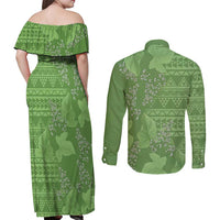 Hawaii Molokai Island Kukui Nut Flowers Couples Matching Off Shoulder Maxi Dress and Long Sleeve Button Shirt Tribal Kakau Pattern LT9 - Polynesian Pride