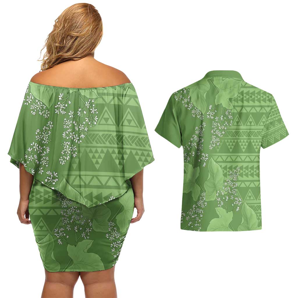 Hawaii Molokai Island Kukui Nut Flowers Couples Matching Off Shoulder Short Dress and Hawaiian Shirt Tribal Kakau Pattern LT9 - Polynesian Pride