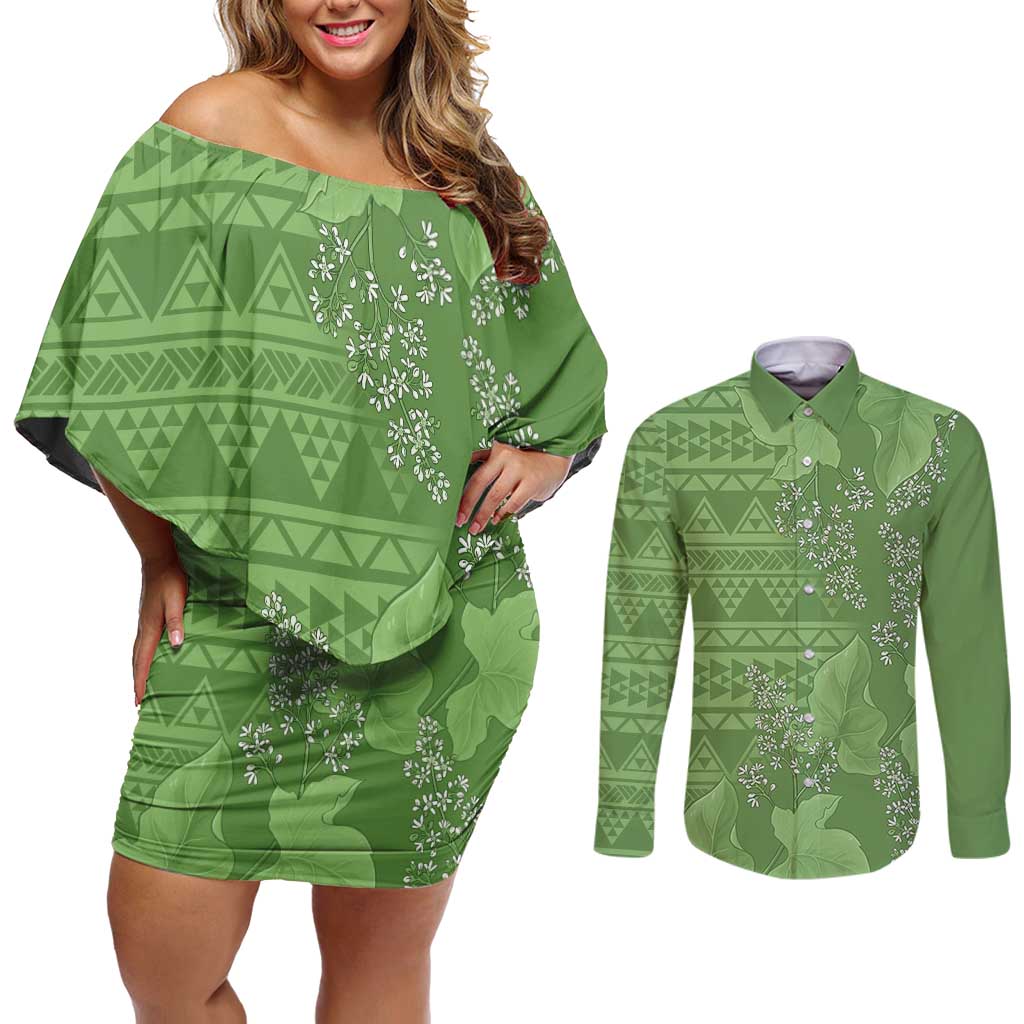 Hawaii Molokai Island Kukui Nut Flowers Couples Matching Off Shoulder Short Dress and Long Sleeve Button Shirt Tribal Kakau Pattern LT9 Green - Polynesian Pride