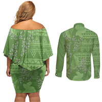Hawaii Molokai Island Kukui Nut Flowers Couples Matching Off Shoulder Short Dress and Long Sleeve Button Shirt Tribal Kakau Pattern LT9 - Polynesian Pride