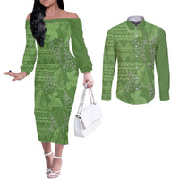 Hawaii Molokai Island Kukui Nut Flowers Couples Matching Off The Shoulder Long Sleeve Dress and Long Sleeve Button Shirt Tribal Kakau Pattern LT9 Green - Polynesian Pride