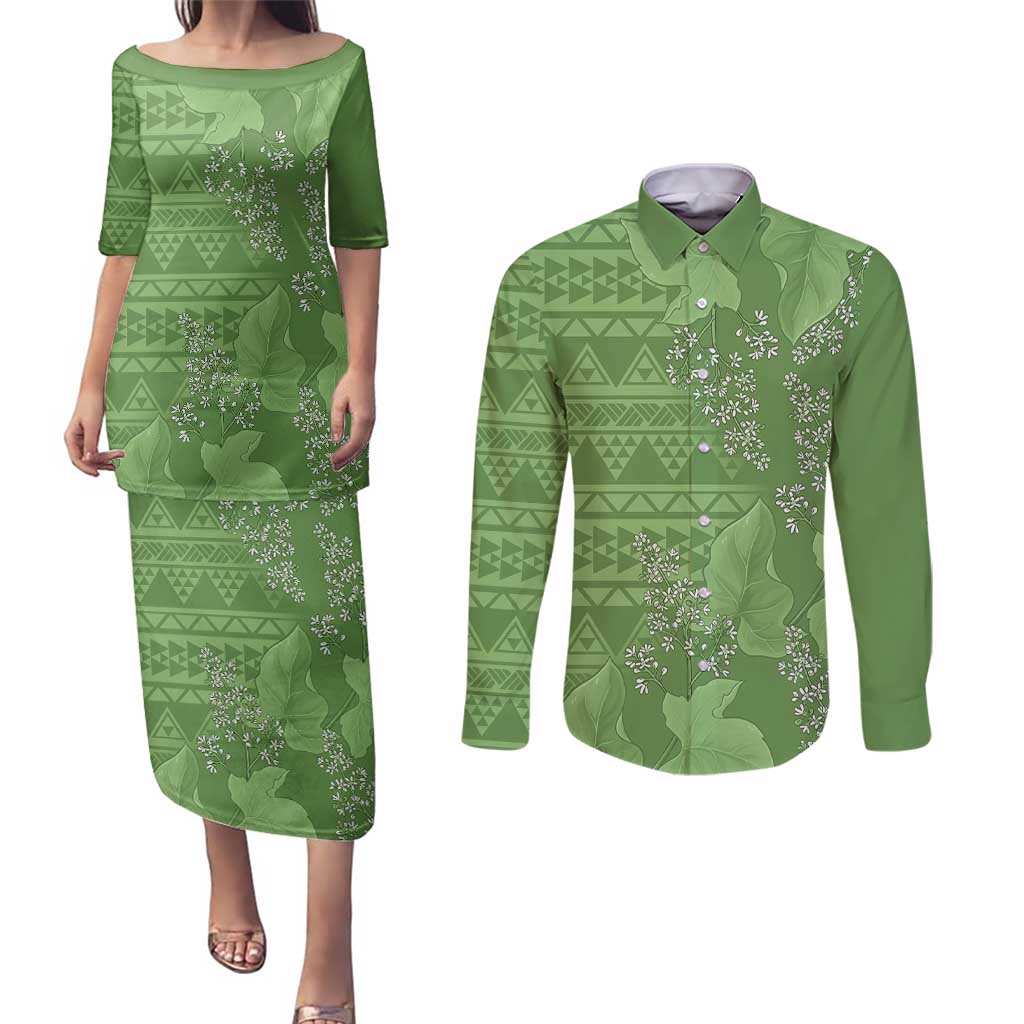 Hawaii Molokai Island Kukui Nut Flowers Couples Matching Puletasi and Long Sleeve Button Shirt Tribal Kakau Pattern LT9 Green - Polynesian Pride