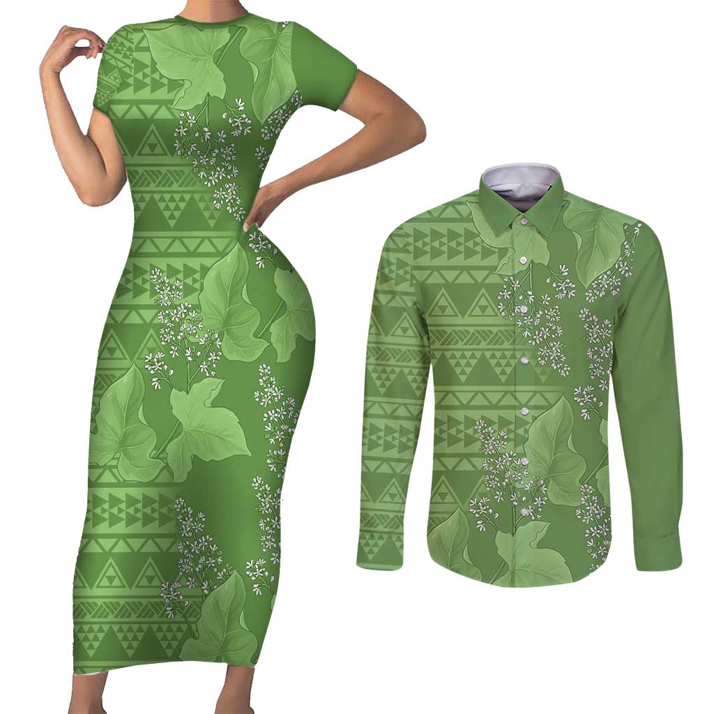 Hawaii Molokai Island Kukui Nut Flowers Couples Matching Short Sleeve Bodycon Dress and Long Sleeve Button Shirt Tribal Kakau Pattern LT9 Green - Polynesian Pride