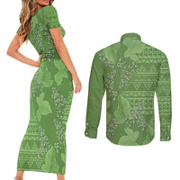 Hawaii Molokai Island Kukui Nut Flowers Couples Matching Short Sleeve Bodycon Dress and Long Sleeve Button Shirt Tribal Kakau Pattern LT9 - Polynesian Pride