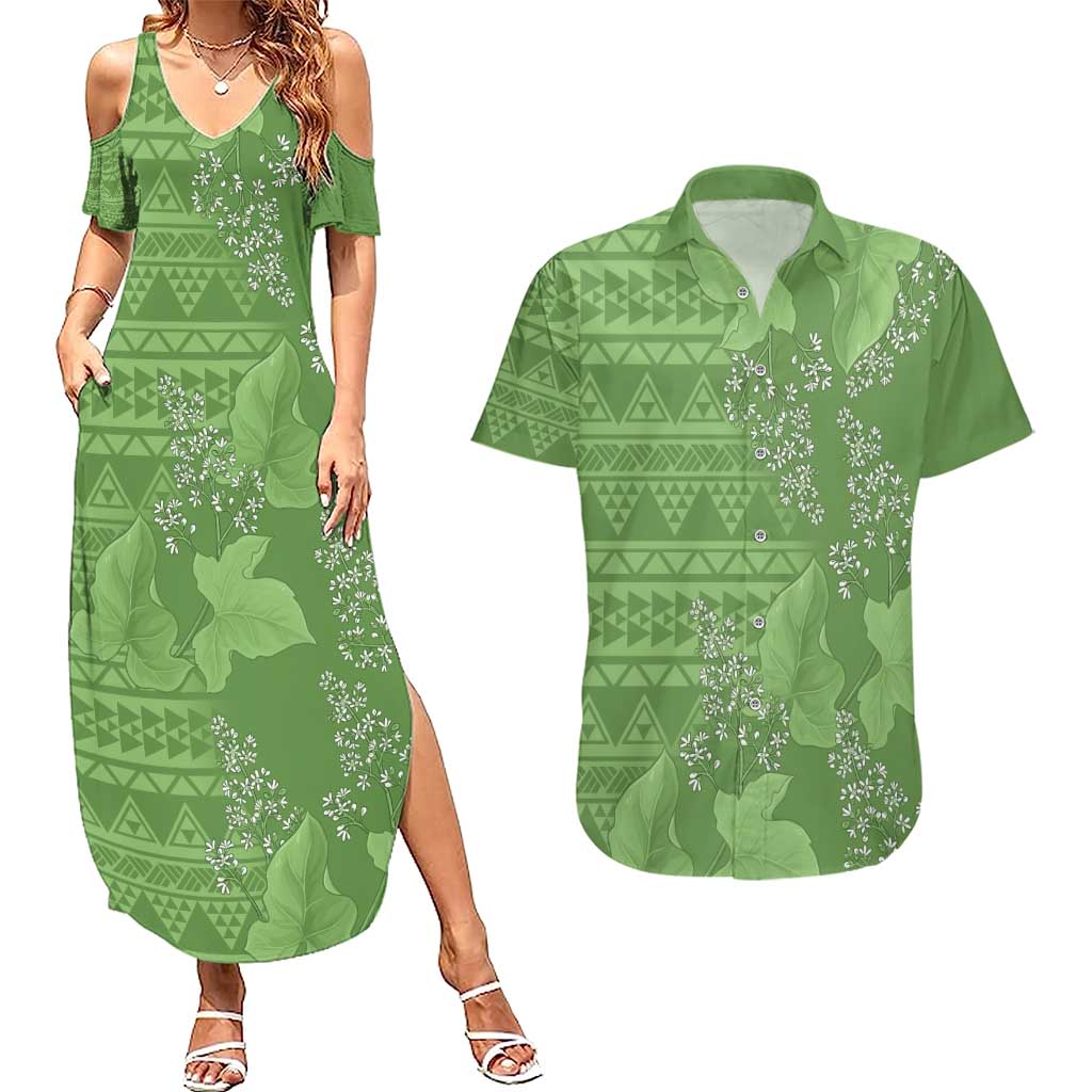 Hawaii Molokai Island Kukui Nut Flowers Couples Matching Summer Maxi Dress and Hawaiian Shirt Tribal Kakau Pattern LT9 Green - Polynesian Pride