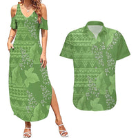 Hawaii Molokai Island Kukui Nut Flowers Couples Matching Summer Maxi Dress and Hawaiian Shirt Tribal Kakau Pattern LT9 Green - Polynesian Pride