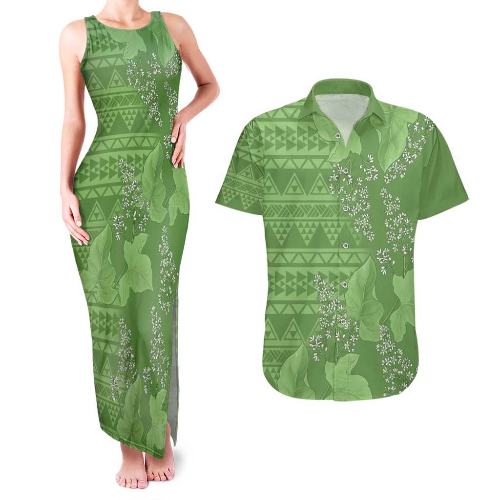 Hawaii Molokai Island Kukui Nut Flowers Couples Matching Tank Maxi Dress and Hawaiian Shirt Tribal Kakau Pattern LT9 Green - Polynesian Pride