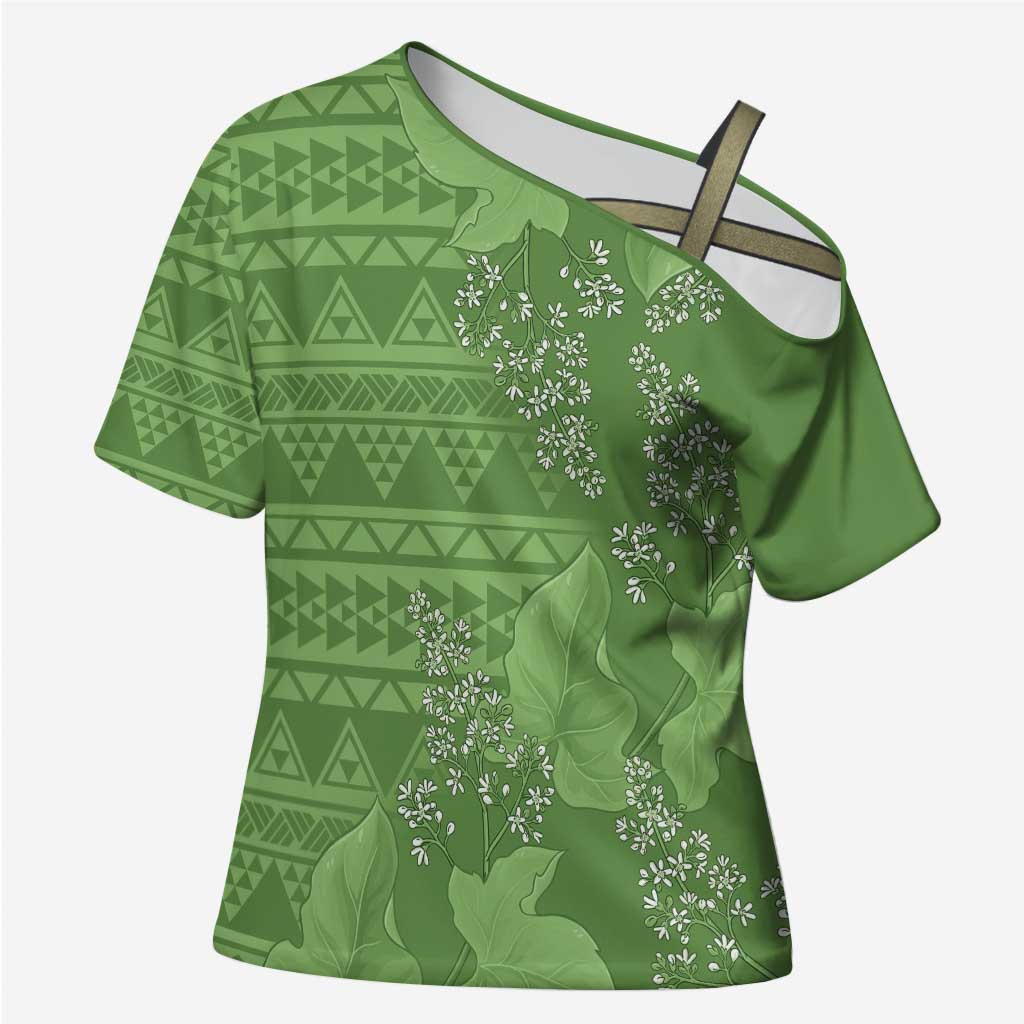Hawaii Molokai Island Kukui Nut Flowers Cross Shoulder Shirt Tribal Kakau Pattern - Polynesian Pride
