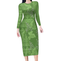 Hawaii Molokai Island Kukui Nut Flowers Family Matching Long Sleeve Bodycon Dress and Hawaiian Shirt Tribal Kakau Pattern LT9 Mom's Dress Green - Polynesian Pride