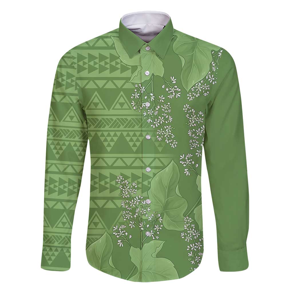 Hawaii Molokai Island Kukui Nut Flowers Family Matching Mermaid Dress and Hawaiian Shirt Tribal Kakau Pattern LT9 Dad's Shirt - Long Sleeve Green - Polynesian Pride
