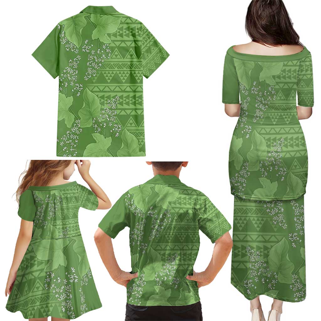 Hawaii Molokai Island Kukui Nut Flowers Family Matching Puletasi and Hawaiian Shirt Tribal Kakau Pattern