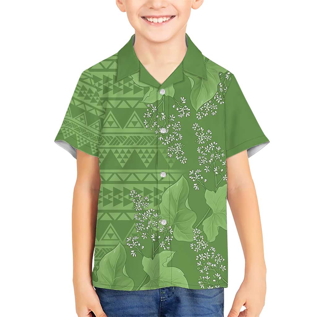 Hawaii Molokai Island Kukui Nut Flowers Family Matching Short Sleeve Bodycon Dress and Hawaiian Shirt Tribal Kakau Pattern LT9 Son's Shirt Green - Polynesian Pride