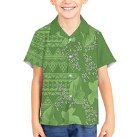 Hawaii Molokai Island Kukui Nut Flowers Family Matching Short Sleeve Bodycon Dress and Hawaiian Shirt Tribal Kakau Pattern LT9 Son's Shirt Green - Polynesian Pride