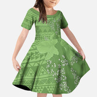 Hawaii Molokai Island Kukui Nut Flowers Family Matching Summer Maxi Dress and Hawaiian Shirt Tribal Kakau Pattern LT9 Daughter's Dress Green - Polynesian Pride