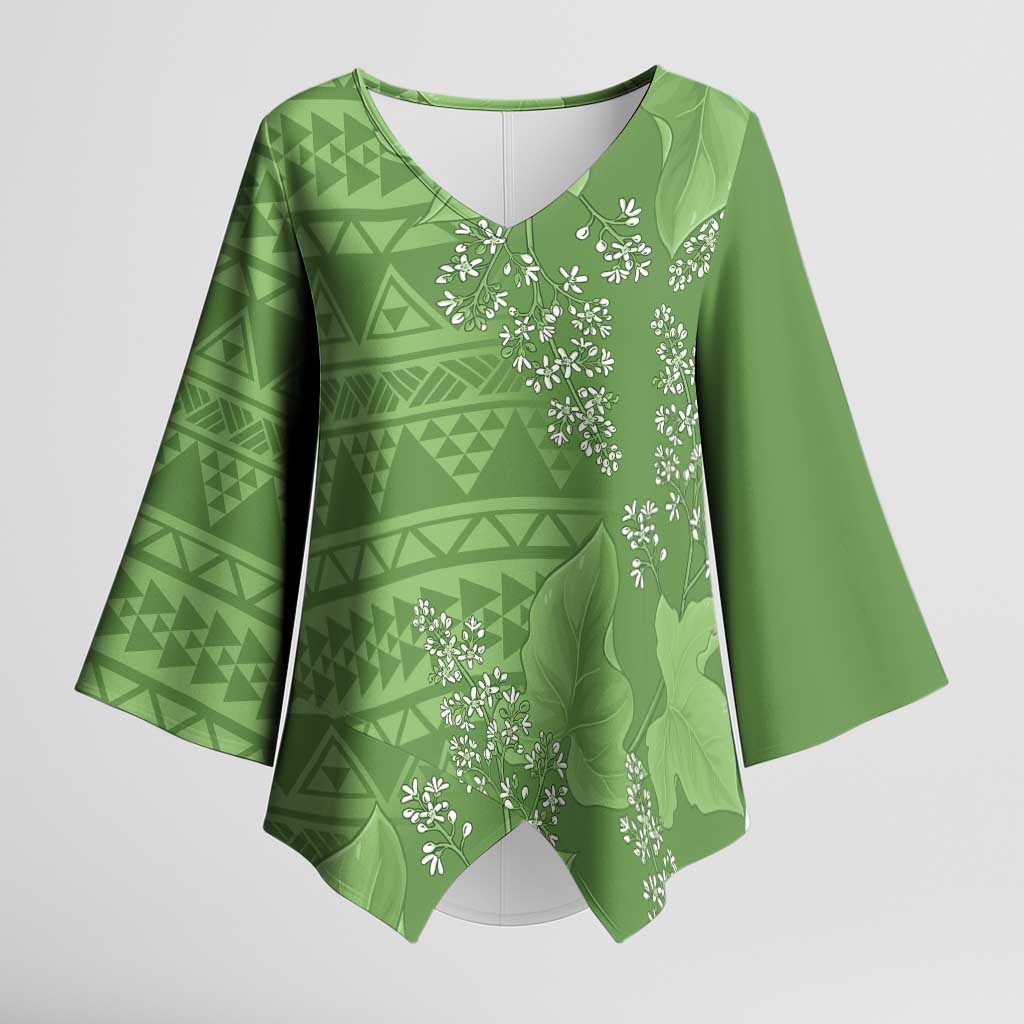 Hawaii Molokai Island Kukui Nut Flowers Kimono Sleeve Blouse Tribal Kakau Pattern - Polynesian Pride