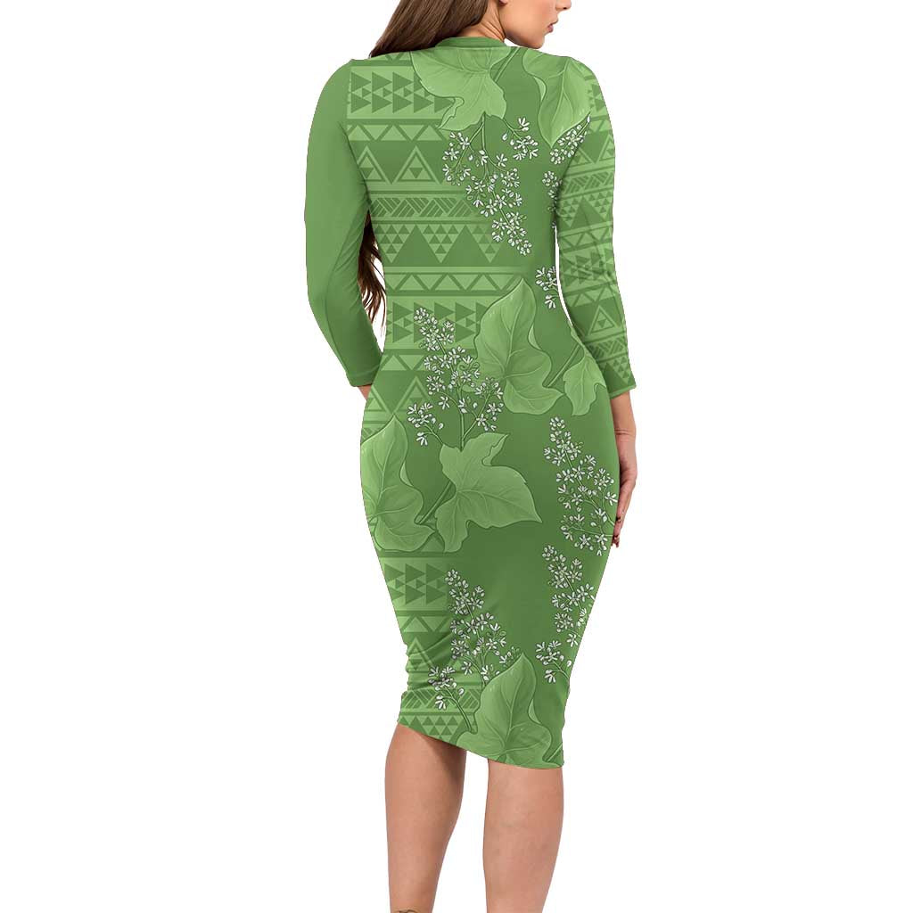 Hawaii Molokai Island Kukui Nut Flowers Long Sleeve Bodycon Dress Tribal Kakau Pattern LT9 - Polynesian Pride