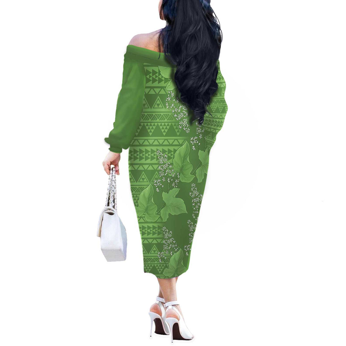 Hawaii Molokai Island Kukui Nut Flowers Off The Shoulder Long Sleeve Dress Tribal Kakau Pattern LT9 - Polynesian Pride