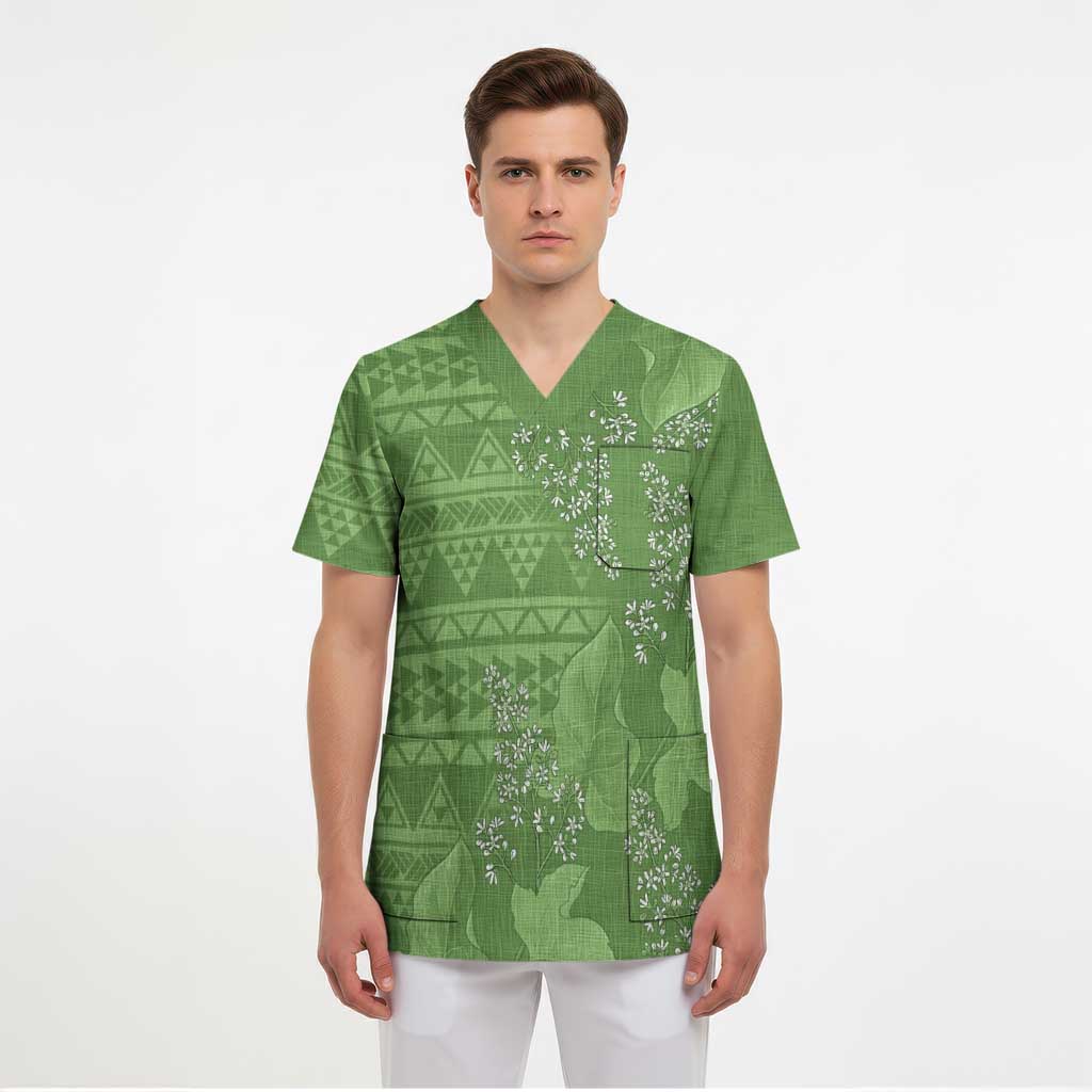 Hawaii Molokai Island Kukui Nut Flowers Scrub Top Tribal Kakau Pattern - Polynesian Pride