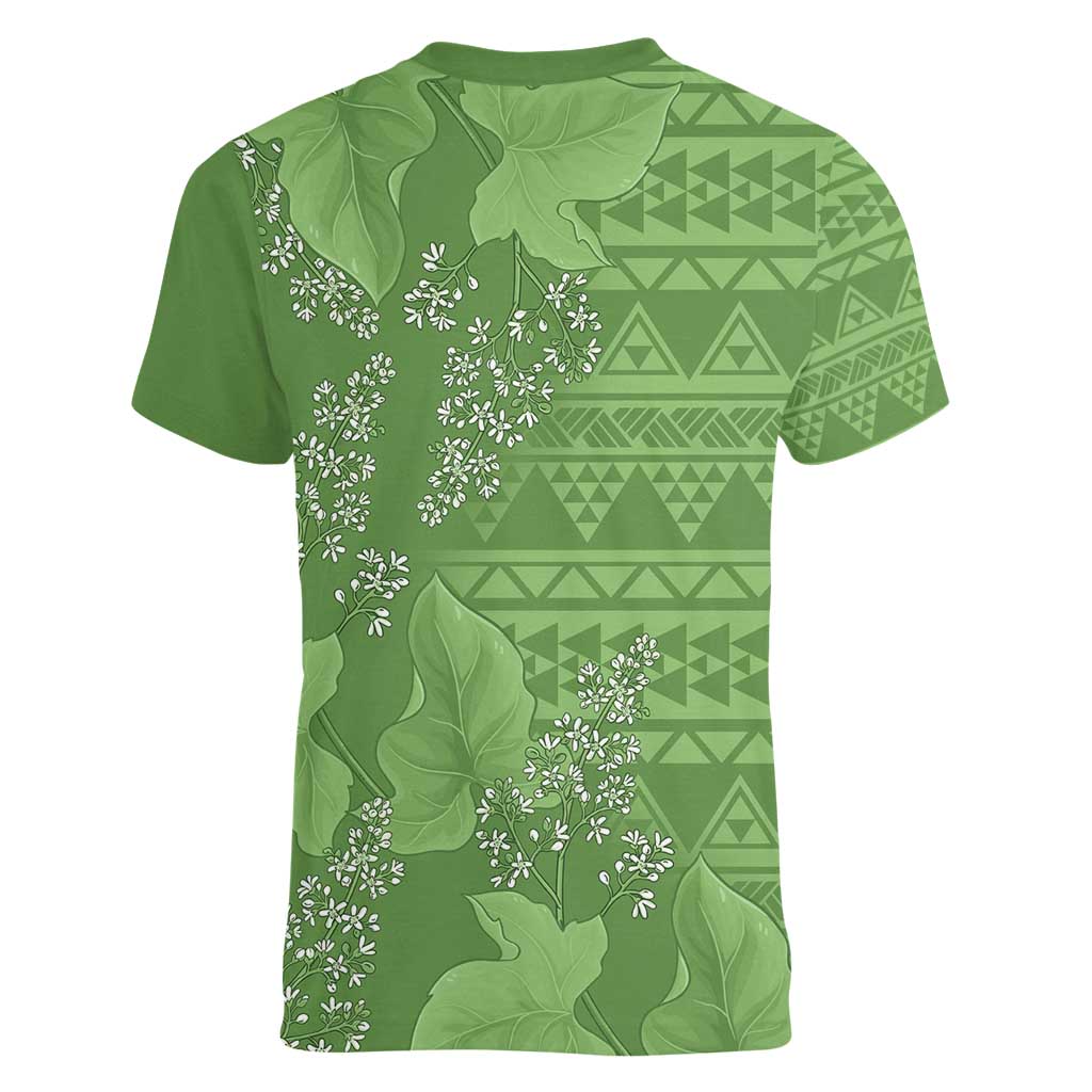 Hawaii Molokai Island Kukui Nut Flowers Women V-Neck T-Shirt Tribal Kakau Pattern