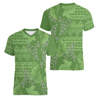 Hawaii Molokai Island Kukui Nut Flowers Women V-Neck T-Shirt Tribal Kakau Pattern