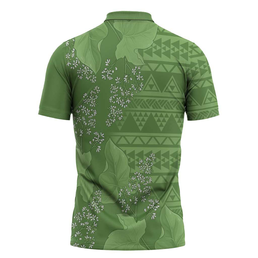 Hawaii Molokai Island Kukui Nut Flowers Zipper Polo Shirt Tribal Kakau Pattern - Polynesian Pride
