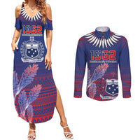 Custom Samoa 1962 Independence Day Custom Couples Matching Summer Maxi Dress and Long Sleeve Button Shirt Manuia le Aso Tuto'atasi Ula Nifo Blue Art